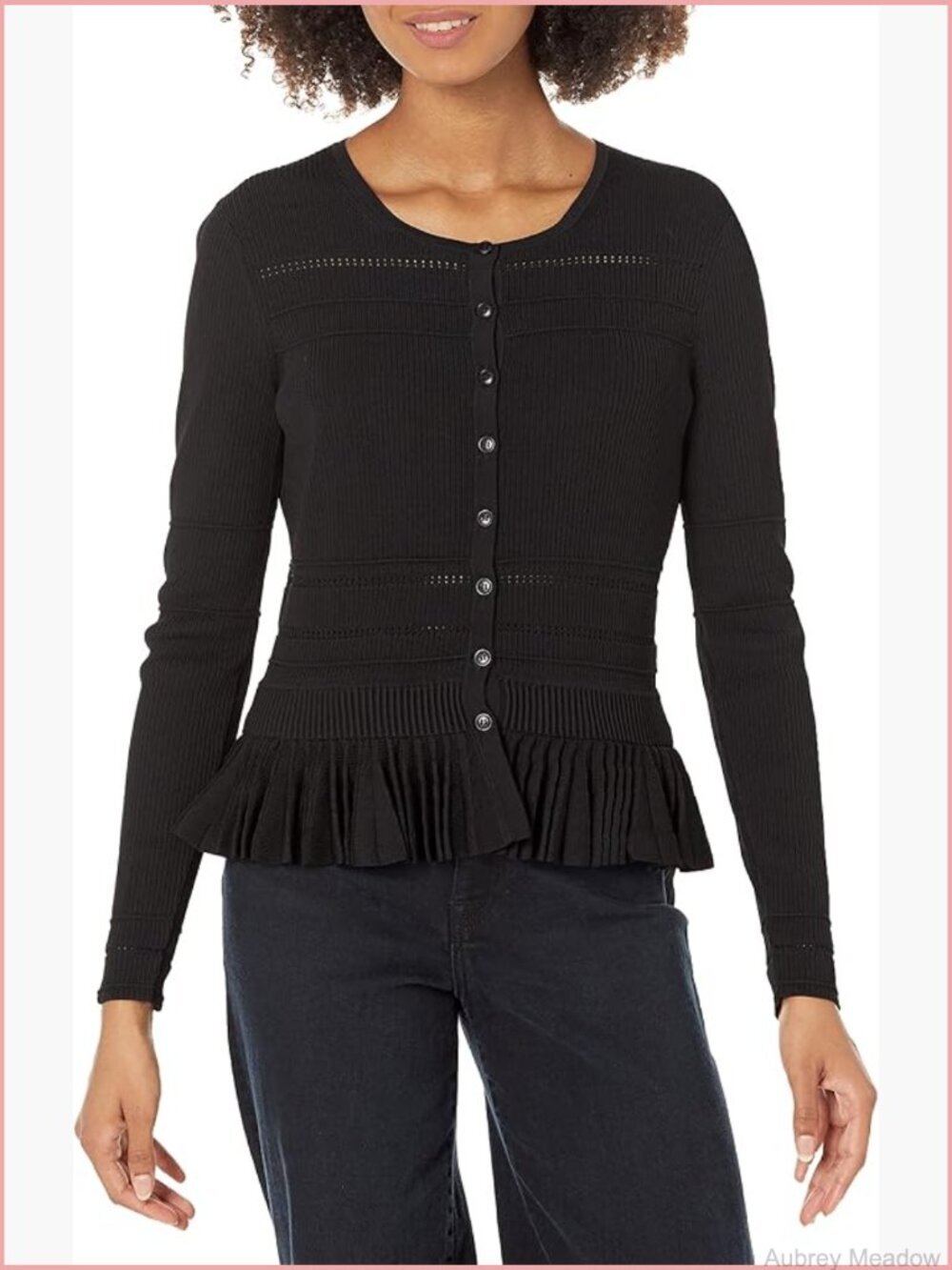 Pre-Loved Cardigan with Peplum Hem, Crew Neck, Button Front, Fitted